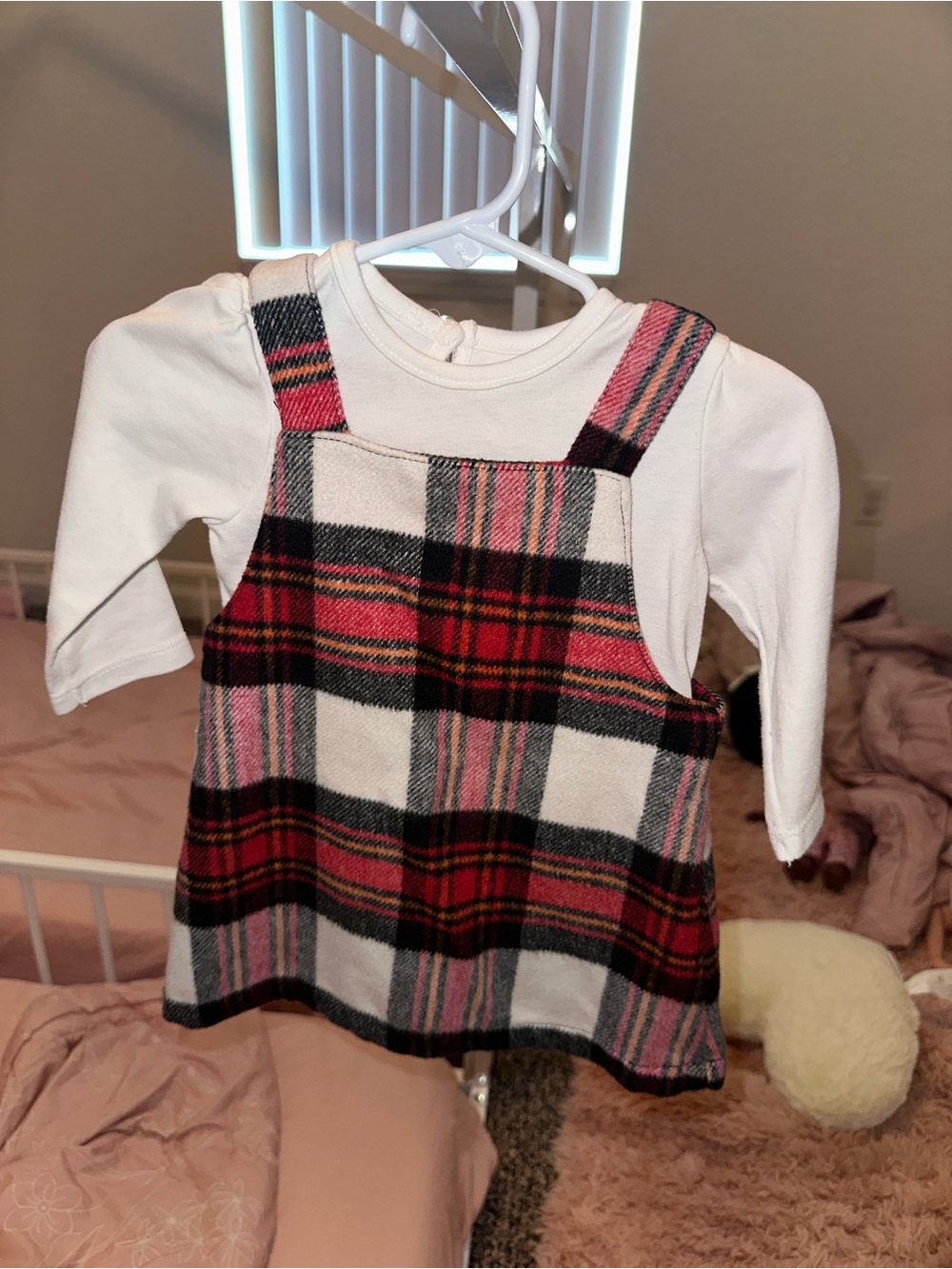 Little Me Red Pink Black Plaid Pinafore Dress with White Shirt